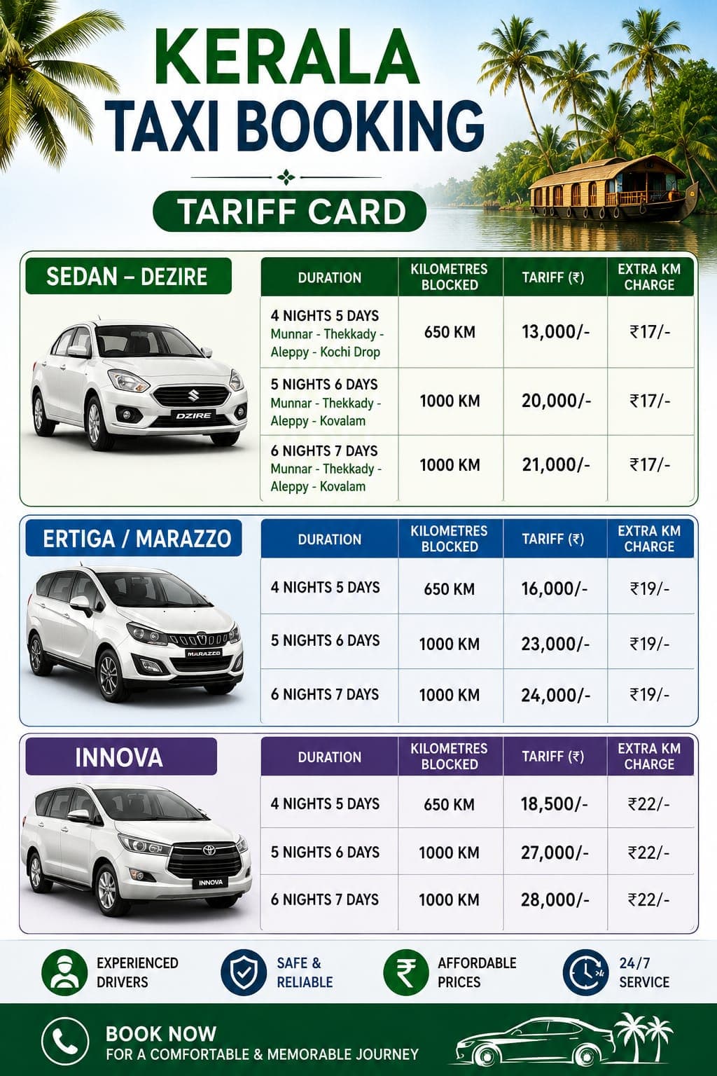 Kerala Taxi & Tour Packages Tariff Page 2